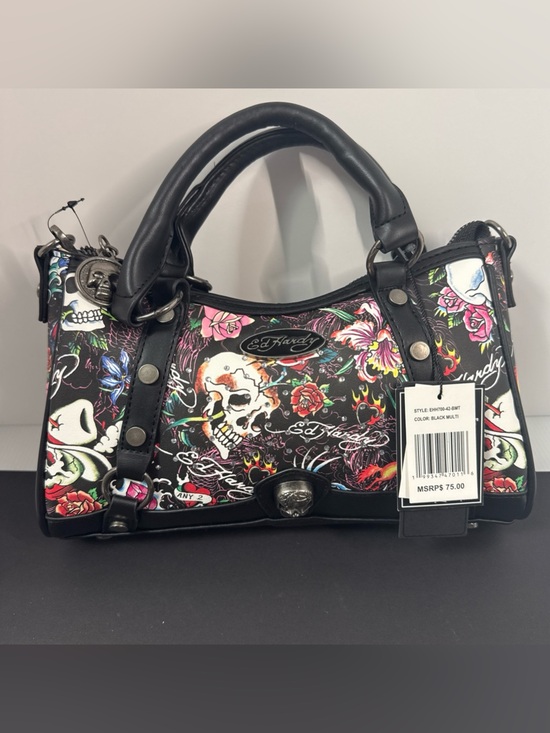 Ed Hardy Handbags - Ed Hardy Black Multi Skull & Floral Satchel with Pink Accents
